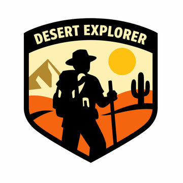 Desert explorer silhouette with backpack and walking stick in desert landscape with cactus and mountain range at sunset