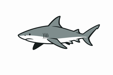 Fototapeta premium A cartoon illustration of a gray shark with a white underbelly swimming on a plain white background