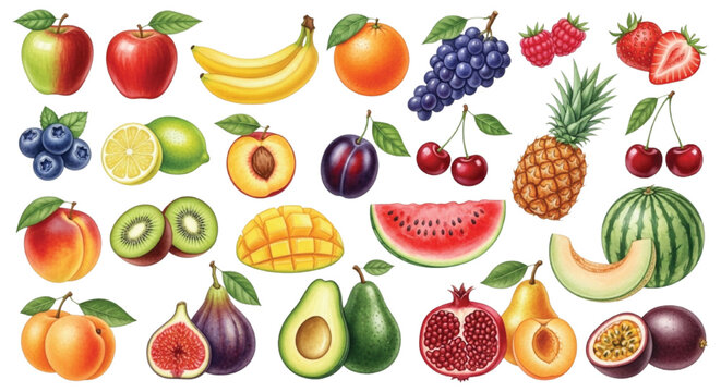 Watercolor Fresh Fruit Collection Set Apple Banana Mango Watermelon Citrus Berry Tropical Illustrations Isolated