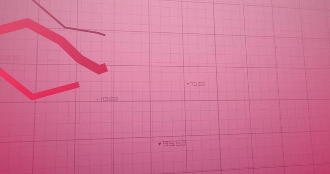 Animation of falling graphs over grid pattern against changing numbers on abstract background