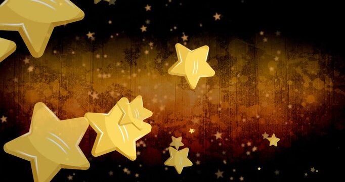 Animation of gold stars falling over old map on dark background