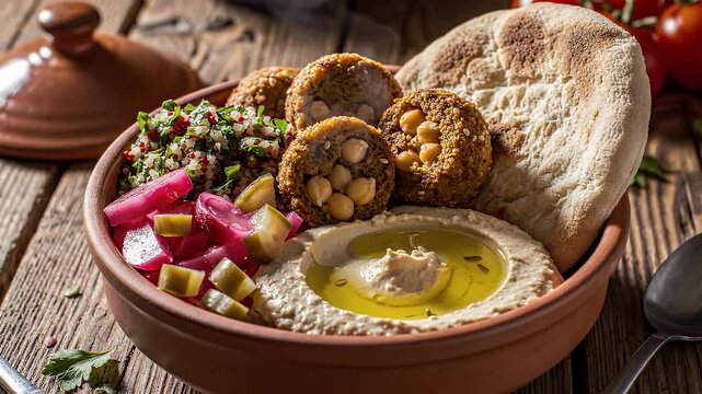 Close-up of a traditional Middle Eastern meal with falafel, hummus, and pita bread on a rustic wooden table.