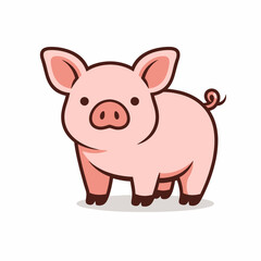 Fototapeta premium Cute cartoon pink pig standing on white background looking friendly and approachable with big ears and curly tail