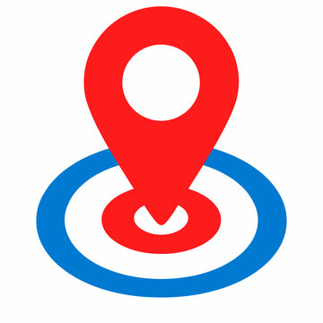 A red location pin icon on a blue and white target background, symbolizing geographic location and navigation
