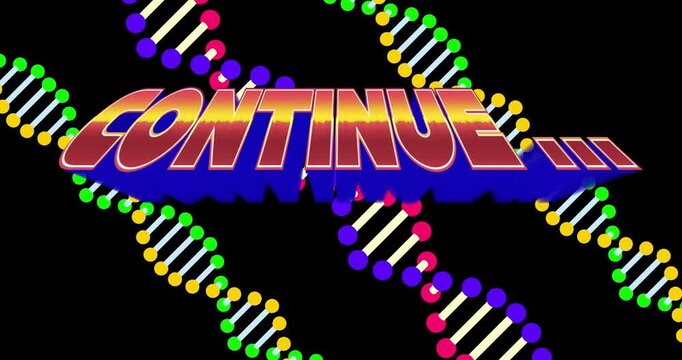 3D text fading and shifting colors at start, DNA helix dots encircling text signaling continuation