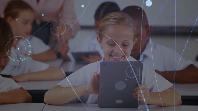 Teacher handing tablet to student, student tapping screen, activating overlay swirling in class