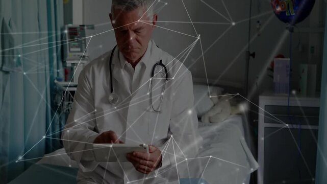 Senior doctor tapping tablet alert, scrolling medical network overlay and confirming chart entry