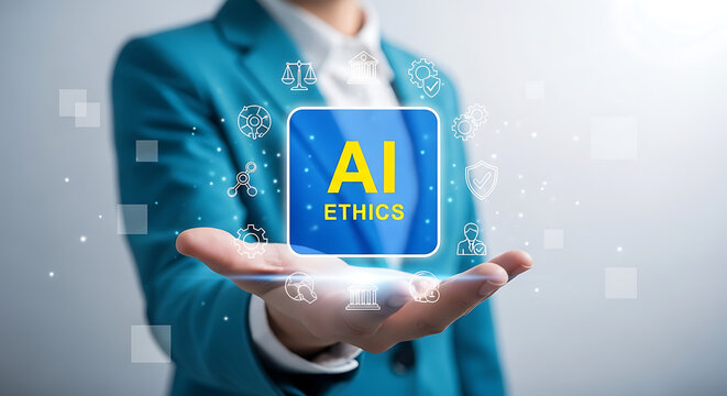 Artificial Intelligence Ethics" concept presented by a business person, highlighting the crucial importance of responsible AI development in the digital era