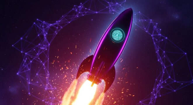 A rocket ship blasts off into a network of purple lines and sparks in space.