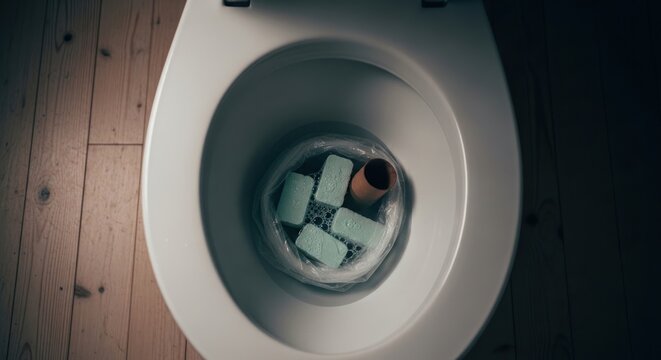 A toilet bowl on a wooden floor contains blue objects and a red object.