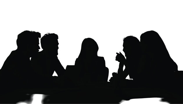 Group silhouette of five diverse colleagues engaged in a serious discussion around a conference table.
