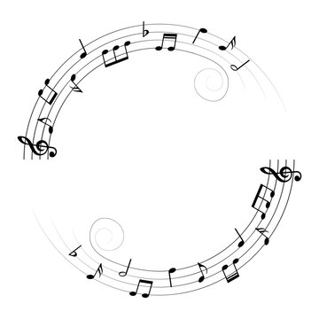 Music notes background, round musical frame with swirls, vector illustration.