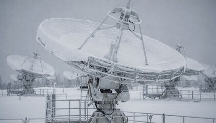 Obraz premium Focused medium shot showing a snowcovered satellite downlink dish array operating in cold conditions main dish prominently clear against a blurred snowy backdrop.