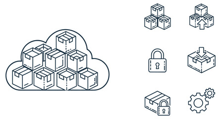 Fototapeta premium Cloud computing storage icon set with secure data upload, download, encryption and system configuration graphics