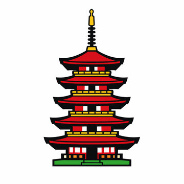 Vibrant illustration of a traditional Asian pagoda with multiple tiers and colorful roof details on white background