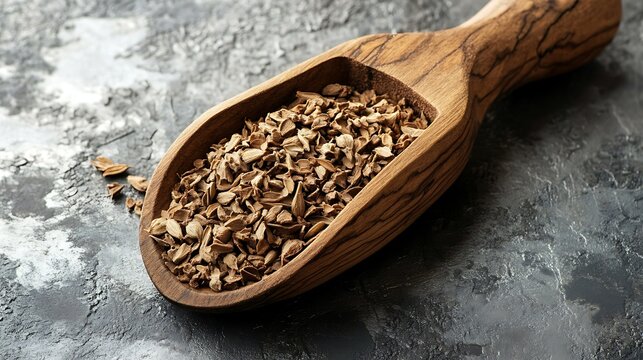 Wooden scoop filled with dried herbs on a textured dark background