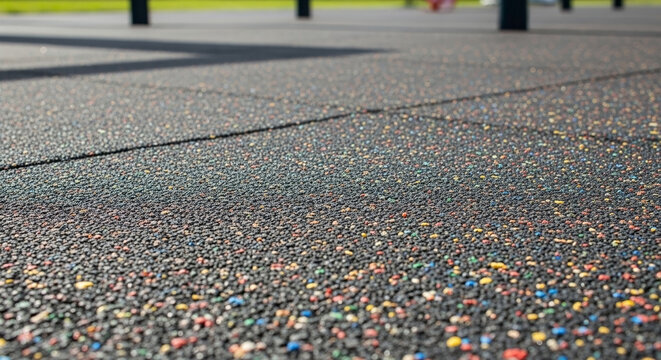 Dark recycled rubber mat with colorful flecks visible on outdoor playground surface, creating safe and durable flooring material. Close up view of gritty texture.