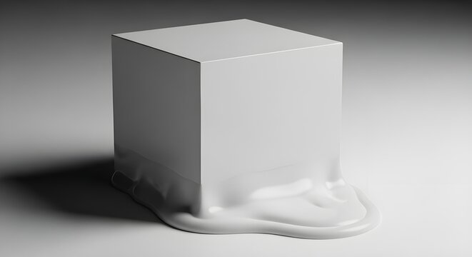 Cube Melting at Bottom Isolated on White Background, Deformation Concept Minimal Design