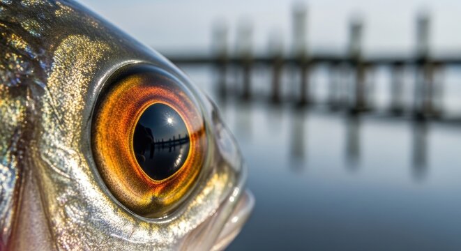 Close-up of a Fish Eye with Pier Background.