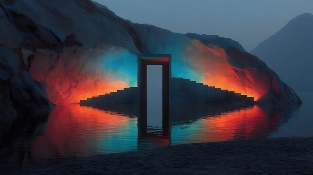 glowing terraced canyon with portal at dusk