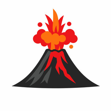 Erupting volcano with lava and smoke on white background