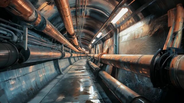Walk through an underground tunnel with pipes and electrical lines, showcasing the structure and layout in an industrial environment