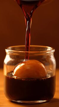 Close-up of coffee being poured into a glass jar with an egg