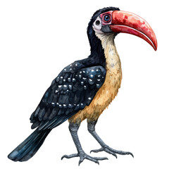 Abyssinian Ground Hornbill, watercolor vector portraying a joyful pose with colorful highlights, isolated on a white background. © trovexa