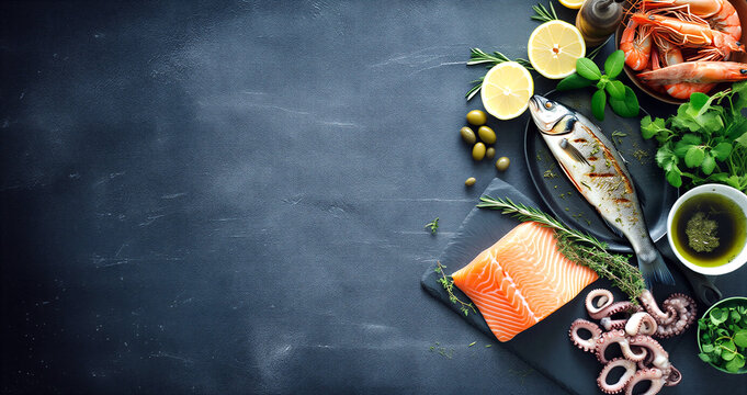 Fresh seafood assortment with herbs and citrus on dark background