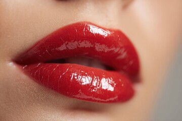 Obraz premium Close-up macro shot of glossy red lips with a sensual, inviting expression