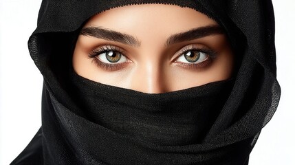 Fototapeta premium Close-up portrait of a woman's piercing green eyes and veiled face in black fabric