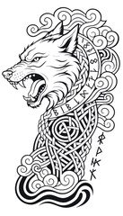 Naklejka premium Wolf head design with intricate patterns and shapes, showing fierce expression and flowing elements in black line art Generative AI