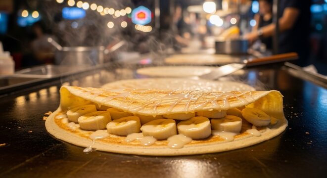 Crepe with banana slices preparation