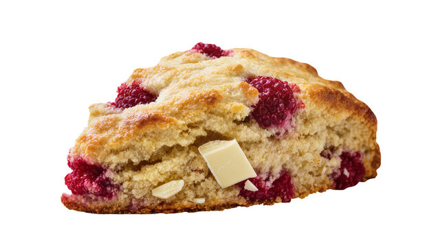 Isolated delicious raspberry scone with white chocolate pieces, a fresh baked breakfast pastry