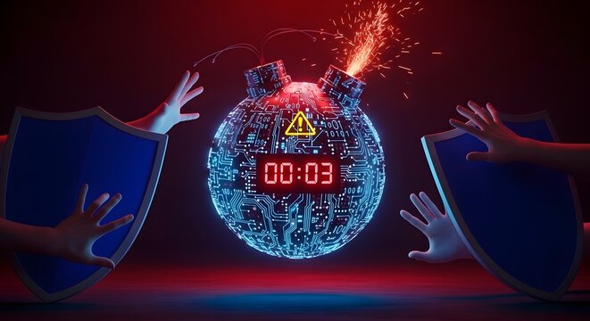 Digital Bomb with Countdown Timer and Warning Sign Protected by Blue Shields in a Red Glow