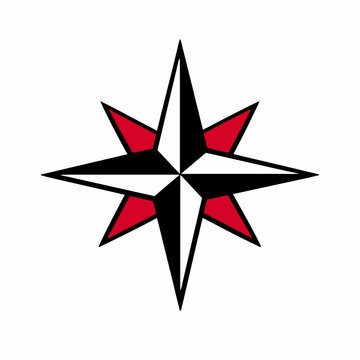 A stylized red, white, and black compass rose graphic symbol on a plain white background for navigation and direction
