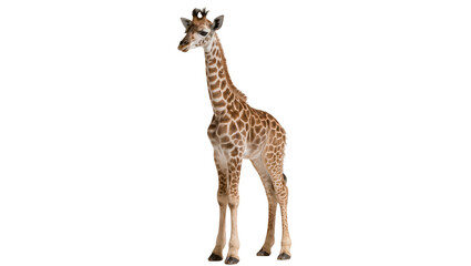 Obraz premium Isolated cute baby giraffe calf standing full body looking left with beautiful patterns