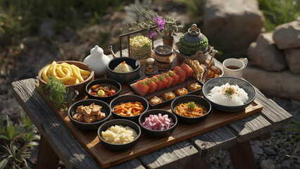 Fototapeta premium Abundant Outdoor Picnic Feast: Diverse Dishes on Rustic Table