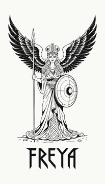 Freya stands strong with her spear and shield, wings outspread, showing her power in a scene set in the realm of Norse mythology Generative AI