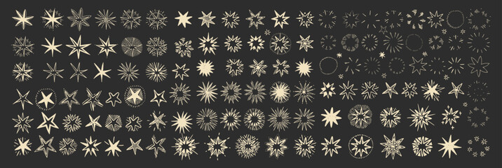 Large set of hand drawn starburst and sparkle icons arranged in rows on dark background. Vintage celestial doodle elements collection. Decorative star shapes and bursts illustration set. Vector 