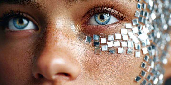 Close-up of a woman's face with blue eyes and sparkling sequin makeup under bright light