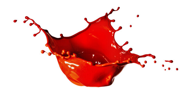Isolated bright red paint splash frozen in a dynamic motion with many dripping droplets