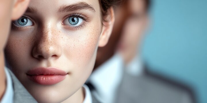 Close-up portrait of a young woman with striking blue eyes and natural freckles