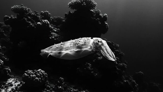 Black and white underwater cinematic view of a cuttlefish swimming over coral reef in ocean water.