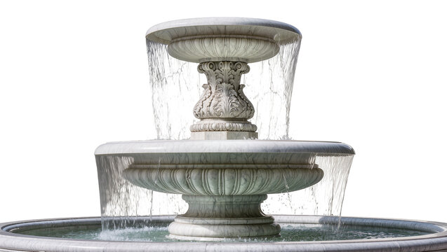 Isolated elegant two-tier marble fountain with classical ornate white stone design and flowing water