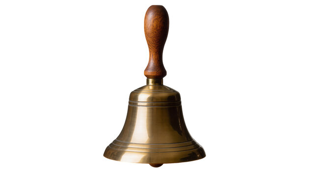 Isolated polished golden metal hand bell with classic wooden handle, ready for service