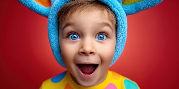 Excited young child with bright blue eyes wearing a fuzzy blue animal hat and colorful shirt