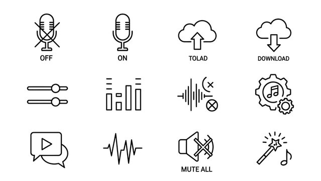 Set of audio and media icons representing sound controls, recording, and playback functionalities with clear visual cues for each option