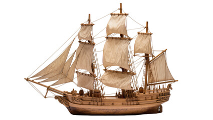 Isolated vintage wooden tall ship model with intricate sails and rigging, historical nautical vessel © Maria