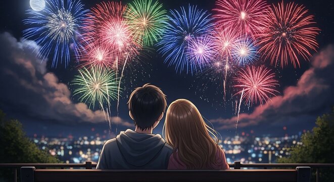 Couple watching fireworks display